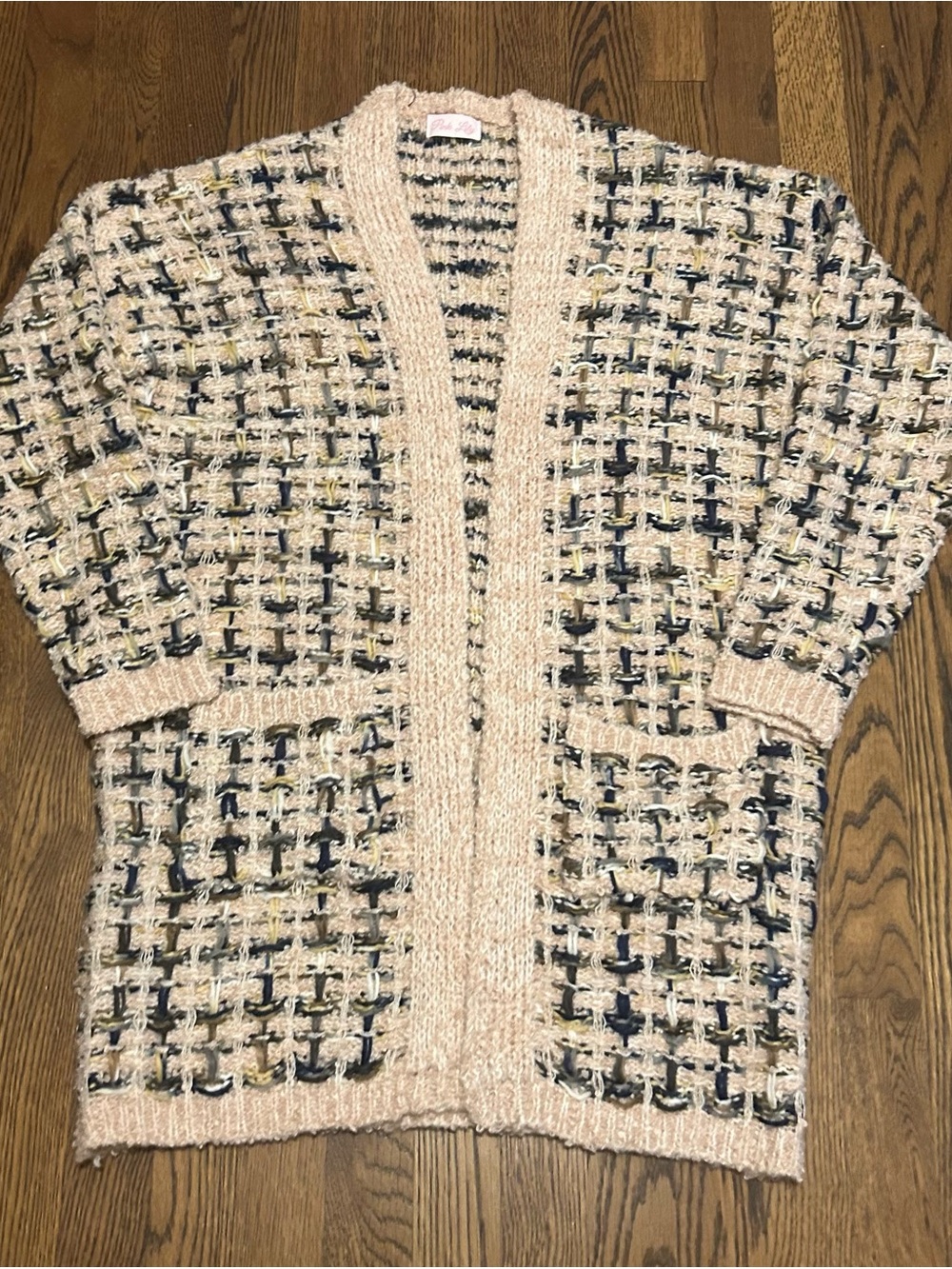 Anthropologie Textured Open Cardigan Sweater in Light Pink plaid multicolor